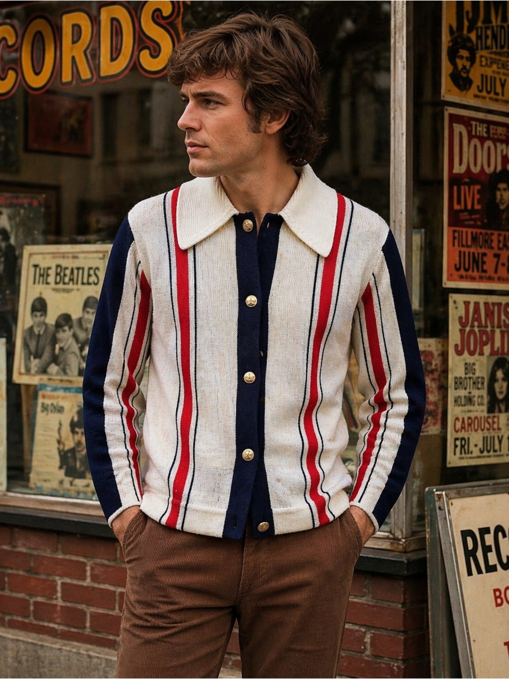 Vintage Retro 60s 70s Leisure Suit Striped Shirt Cardigan Coat Sweater Men S